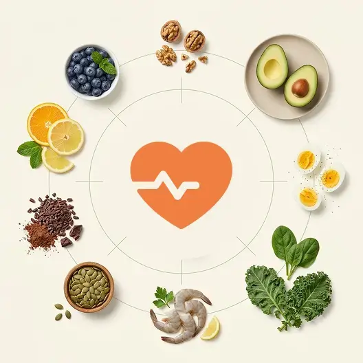 Heart health foods including shrimp, avocado, nuts, berries, seeds, greens